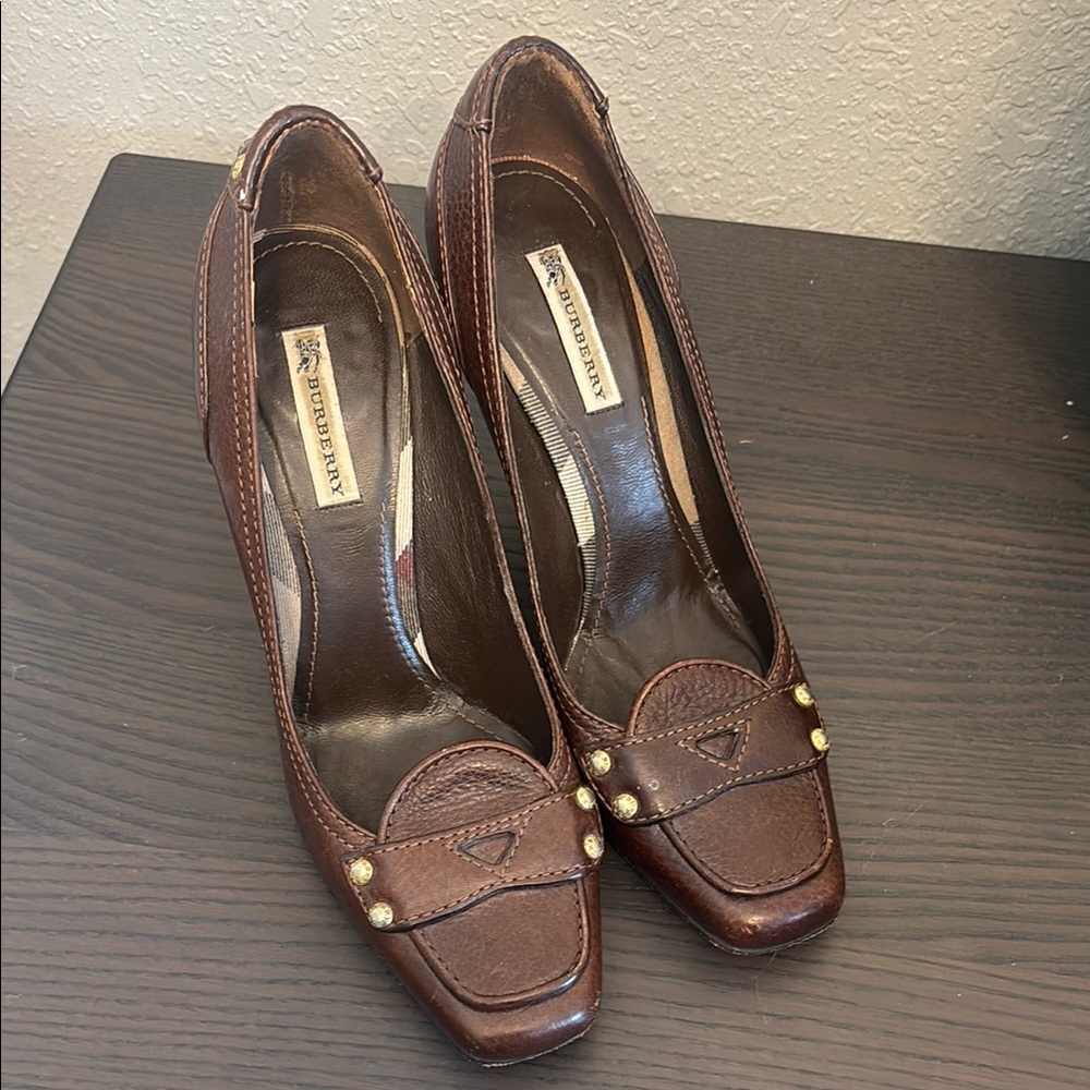 Burberry Brown Leather Studded Penny Loafer Heels
